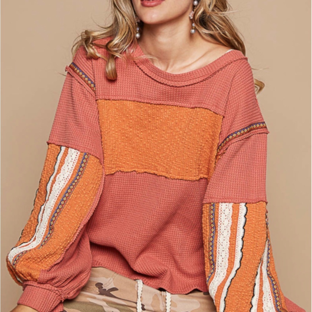 NEW POL Clay Red Round Neck Long Sleeve  Oversized Pullover Sweater
